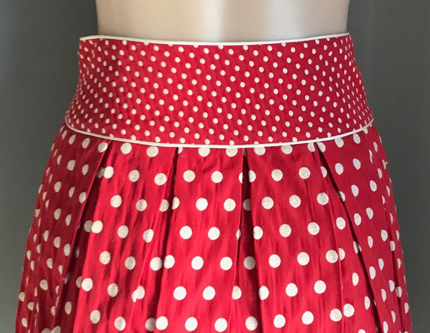 REVIEW Skirt Red White Polka Dot Pleat Lined Waist Panel Size 8 10 Rockabilly