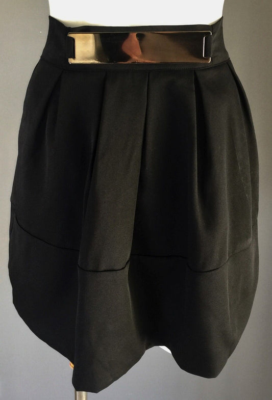 MIKA & GALA Mini Skirt Black Pleated w Gold Plate Belt Trim Waist Ladies Size 8