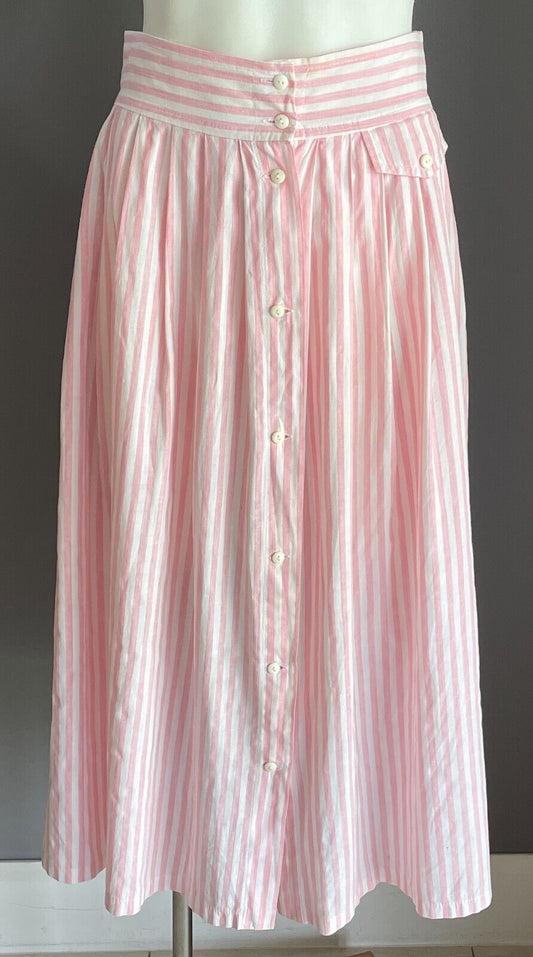 JONATHAN ELLIOT Skirt Pink White Stripe Midi Size 8 Button Front Pleated Parcel