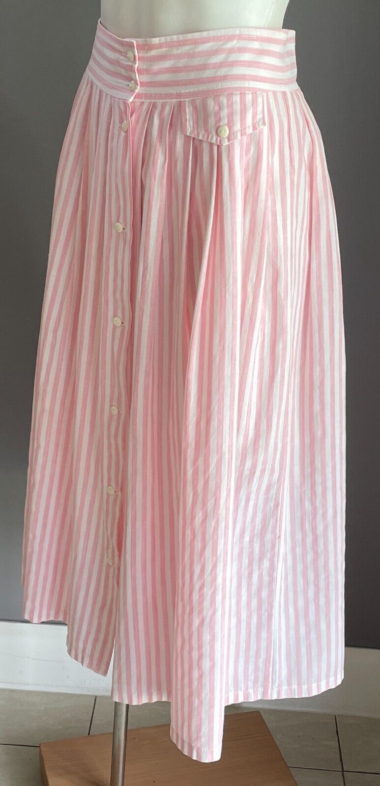 JONATHAN ELLIOT Skirt Pink White Stripe Midi Size 8 Button Front Pleated Parcel