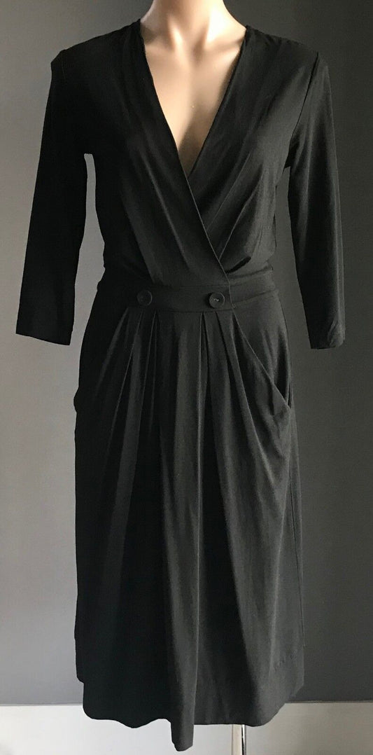 SABA Dress Retro Black 3/4 Sleeve Pleat Skirt Stretch Frock Ladies Size 8 10