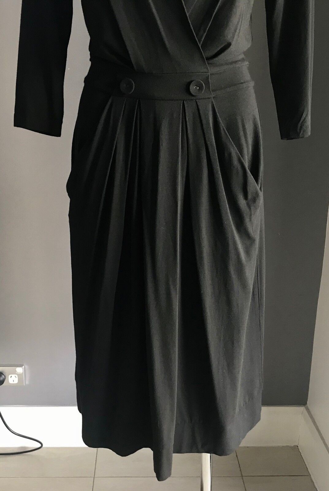 SABA Dress Retro Black 3/4 Sleeve Pleat Skirt Stretch Frock Ladies Size 8 10