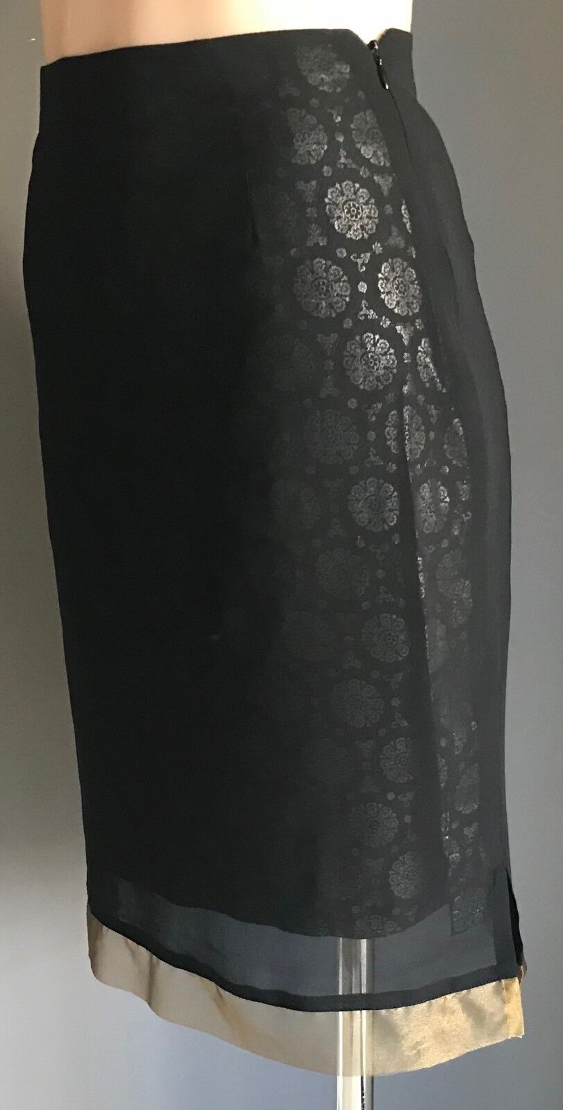 SPORTSGIRL Skirt Black Silver Chiffon Overlay Knee Length Skirt Sz 8 10 Vintage