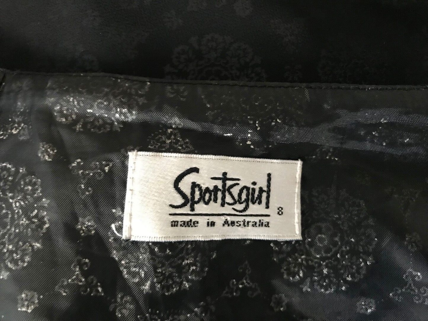 SPORTSGIRL Skirt Black Silver Chiffon Overlay Knee Length Skirt Sz 8 10 Vintage