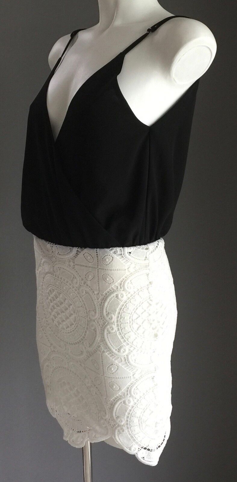 LUXE Black Mini Dress Bodice & White Lace Skirt Blouson Mini Ladies Size 8 NEW