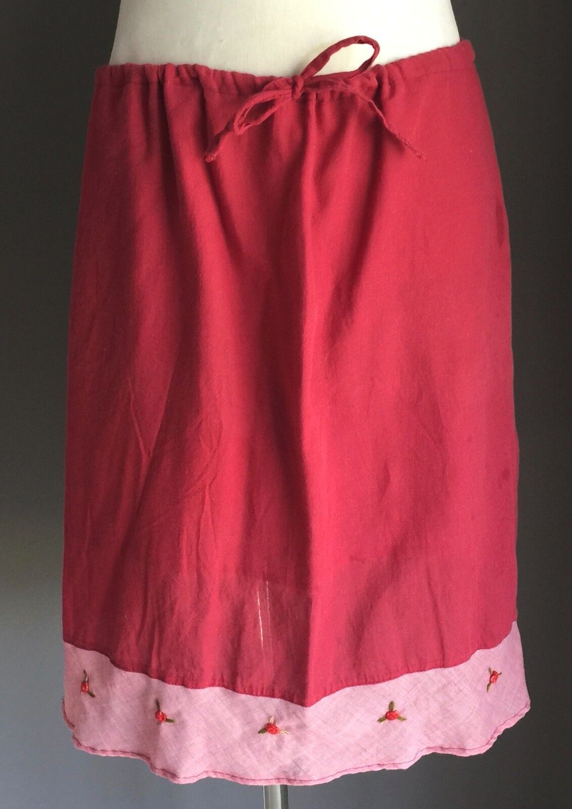 Cotton Skirt Burgundy Red Pink Drawstring Waist Sz L 8 10 Thailand 1990's Roses