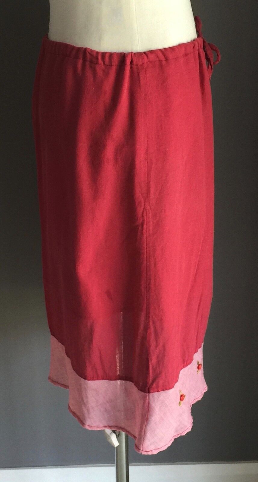 Cotton Skirt Burgundy Red Pink Drawstring Waist Sz L 8 10 Thailand 1990's Roses