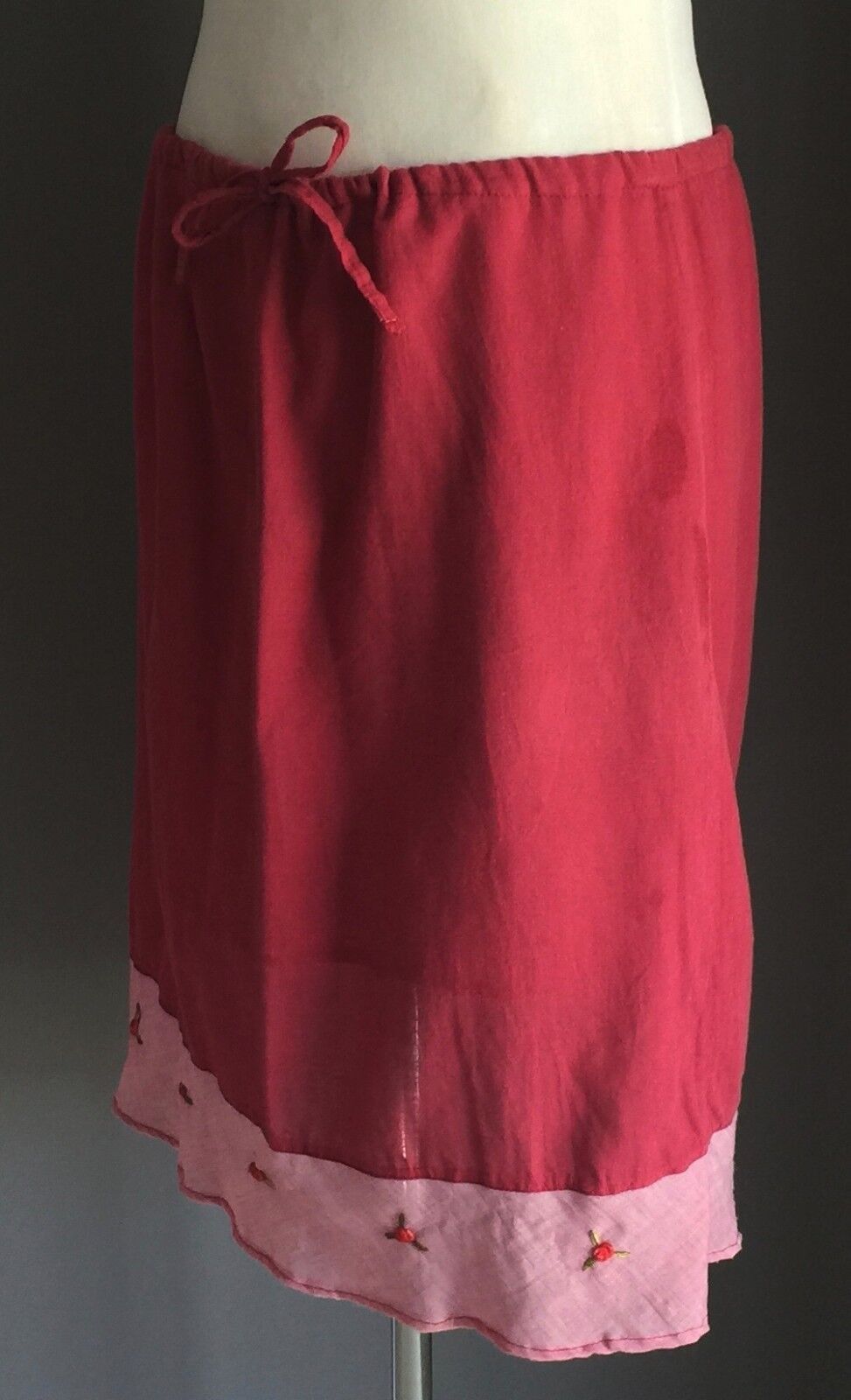 Cotton Skirt Burgundy Red Pink Drawstring Waist Sz L 8 10 Thailand 1990's Roses