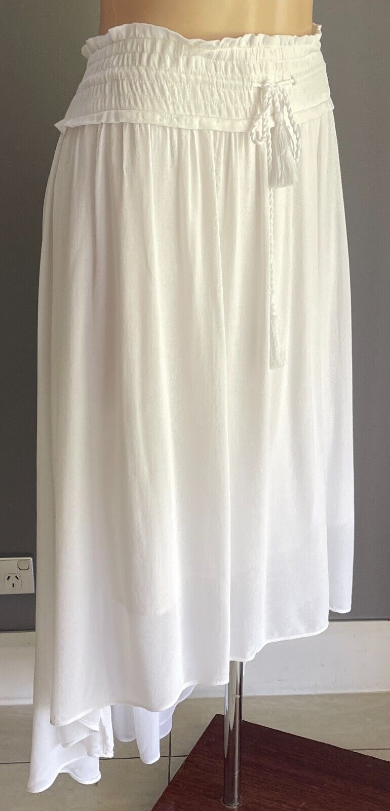 COUNTRY ROAD Skirt White Hi-Lo Midi Drawstring Tassel Trim Size 12 Lined NEW