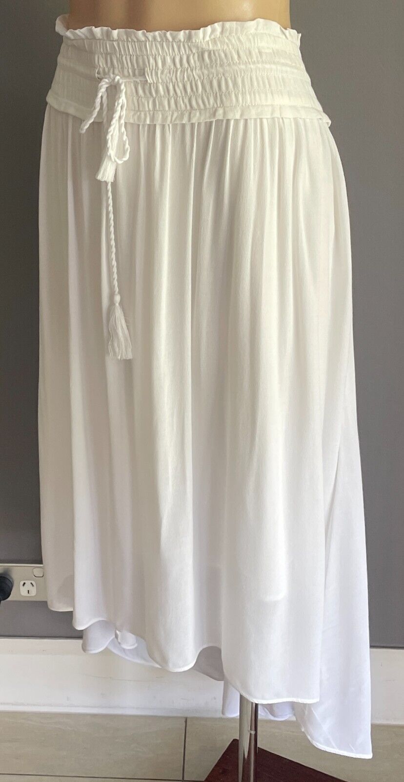 COUNTRY ROAD Skirt White Hi-Lo Midi Drawstring Tassel Trim Size 12 Lined NEW
