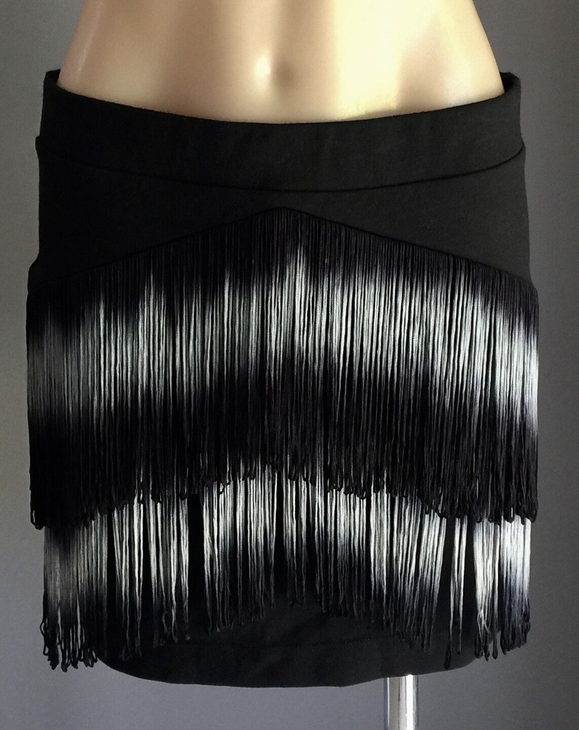 SPORTSGIRL Mini Skirt Black Stretch w Grey & Black Tassels Fringes M 12  1920's