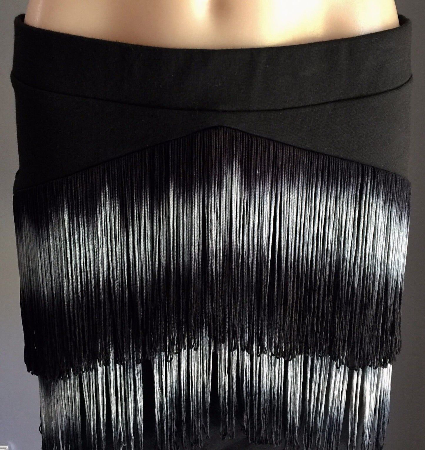 SPORTSGIRL Mini Skirt Black Stretch w Grey & Black Tassels Fringes M 12  1920's