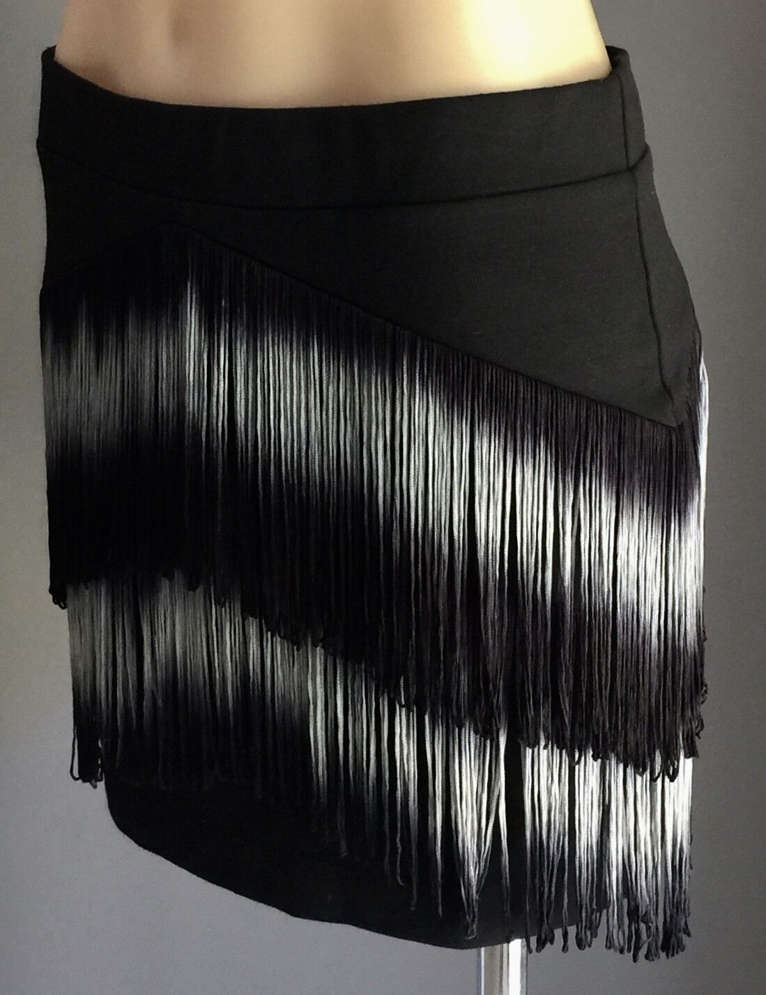 SPORTSGIRL Mini Skirt Black Stretch w Grey & Black Tassels Fringes M 12  1920's