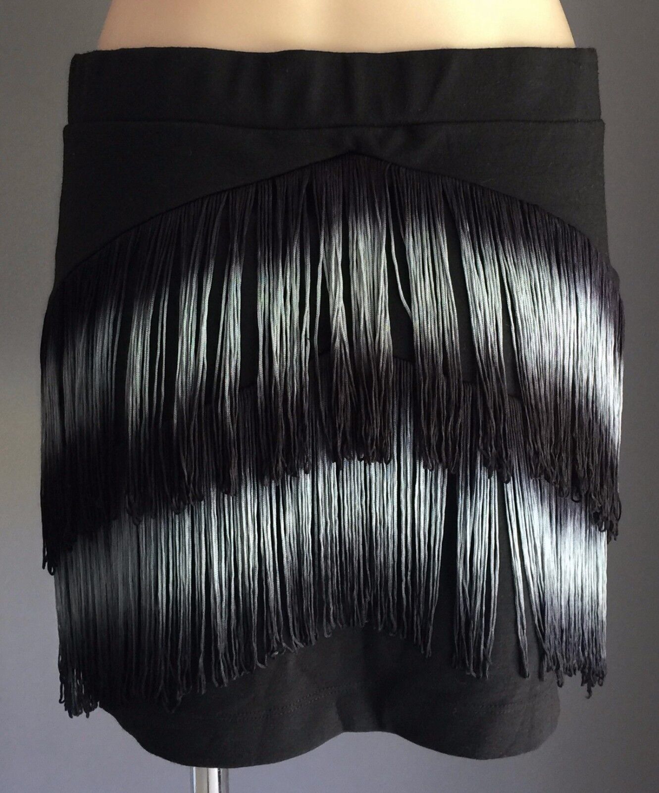 SPORTSGIRL Mini Skirt Black Stretch w Grey & Black Tassels Fringes M 12  1920's