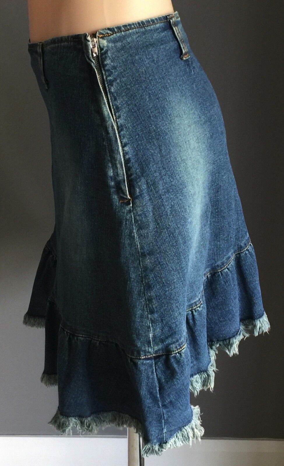 LONSDALE Denim Skirt Blue Jeans Asymmetrical Frayed Frill Hem Skirt Ladies Sz 12