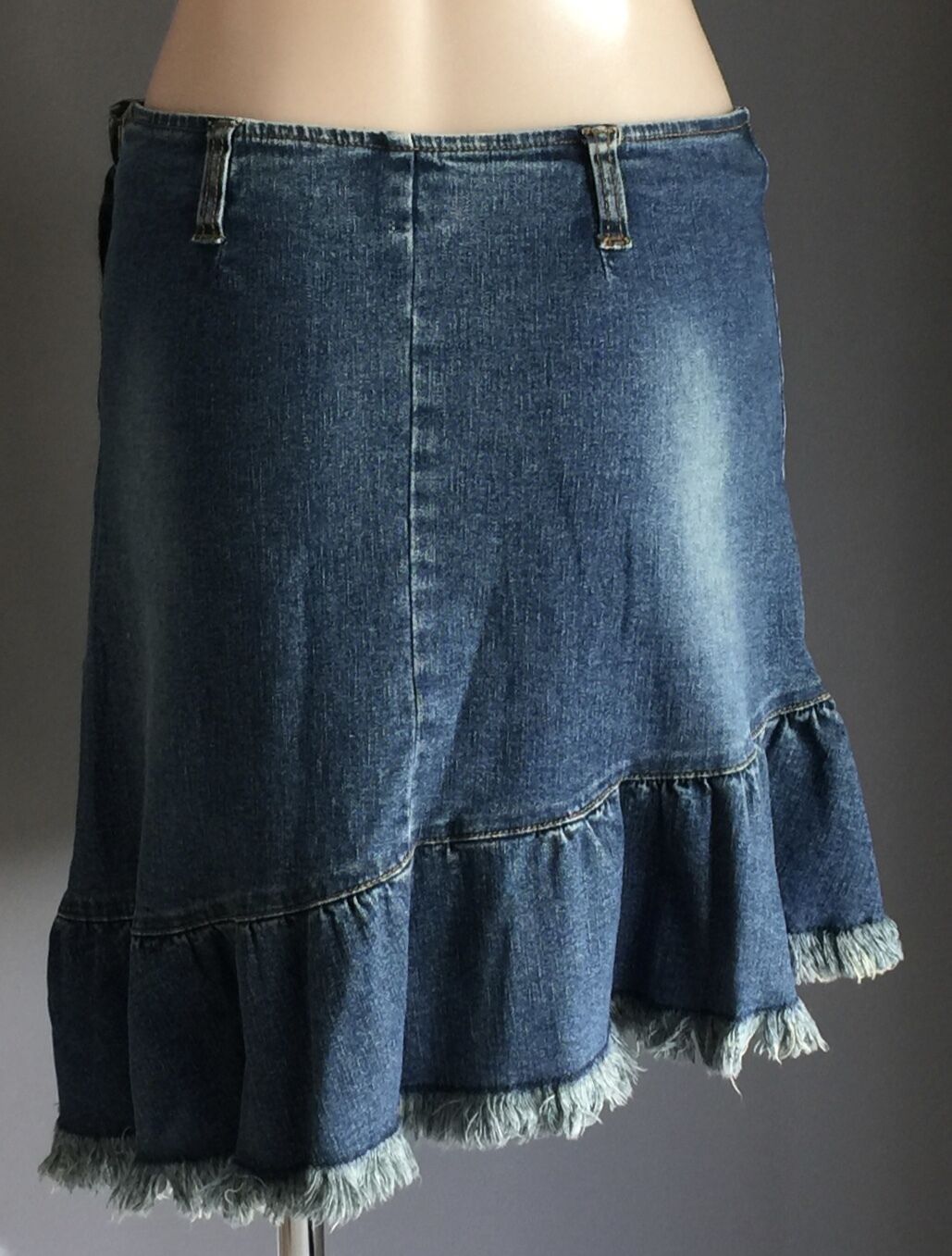 LONSDALE Denim Skirt Blue Jeans Asymmetrical Frayed Frill Hem Skirt Ladies Sz 12