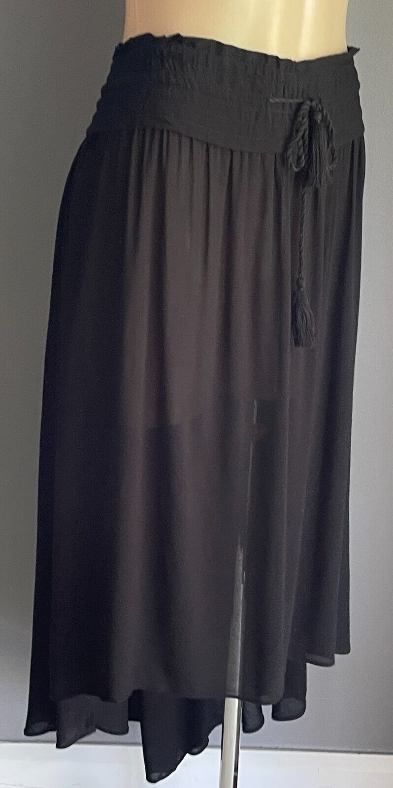 COUNTRY ROAD Skirt Black Hi-Lo Midi Drawstring Tassel Trim Size 12 Unlined NEW