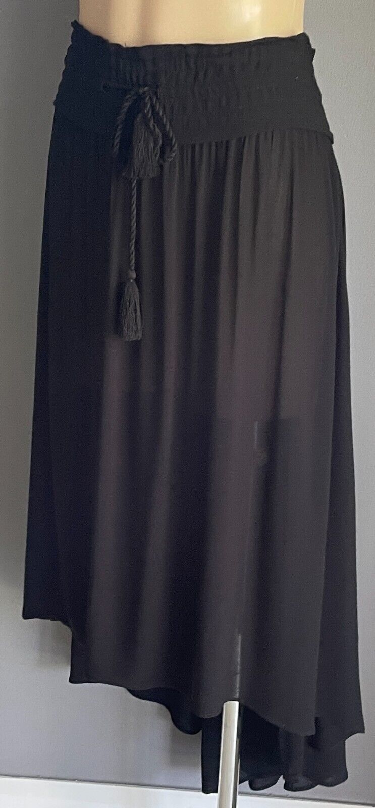 COUNTRY ROAD Skirt Black Hi-Lo Midi Drawstring Tassel Trim Size 12 Unlined NEW