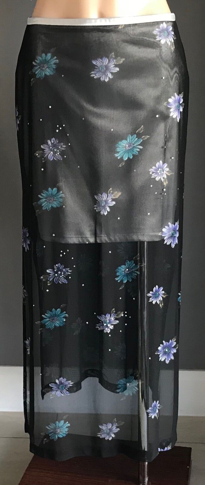 ANGEL Skirt Silver Mini & Black Floral Mesh Net Maxi Overlay Size L 12 Retro