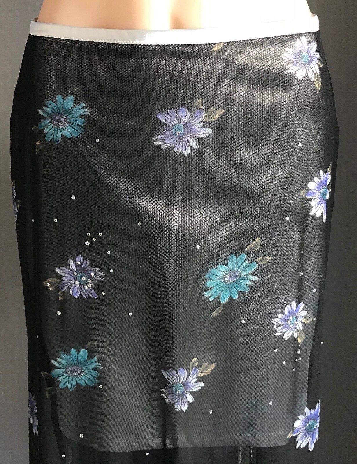 ANGEL Skirt Silver Mini & Black Floral Mesh Net Maxi Overlay Size L 12 Retro