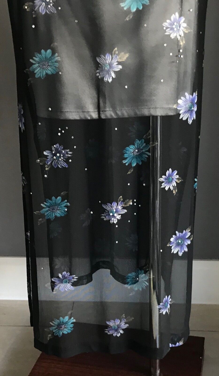 ANGEL Skirt Silver Mini & Black Floral Mesh Net Maxi Overlay Size L 12 Retro