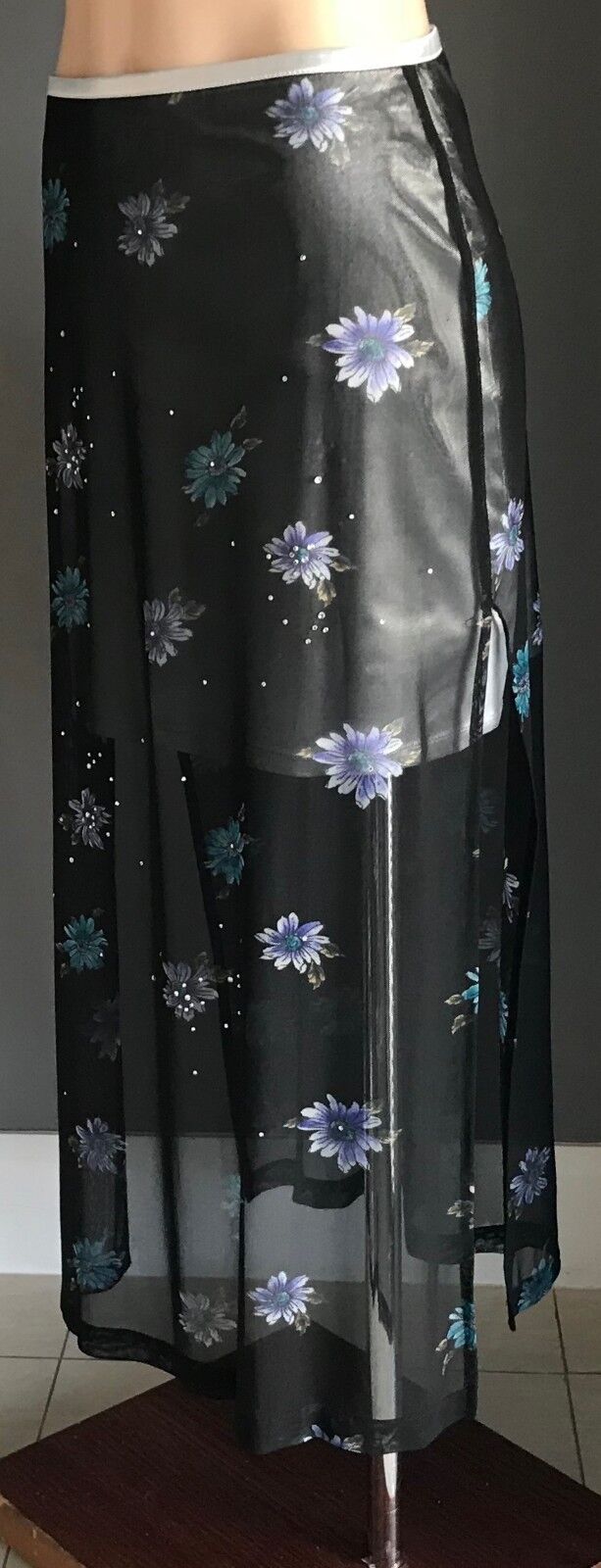 ANGEL Skirt Silver Mini & Black Floral Mesh Net Maxi Overlay Size L 12 Retro