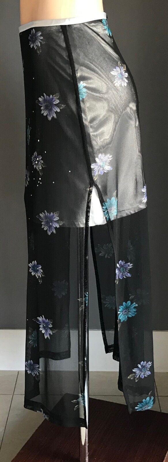 ANGEL Skirt Silver Mini & Black Floral Mesh Net Maxi Overlay Size L 12 Retro
