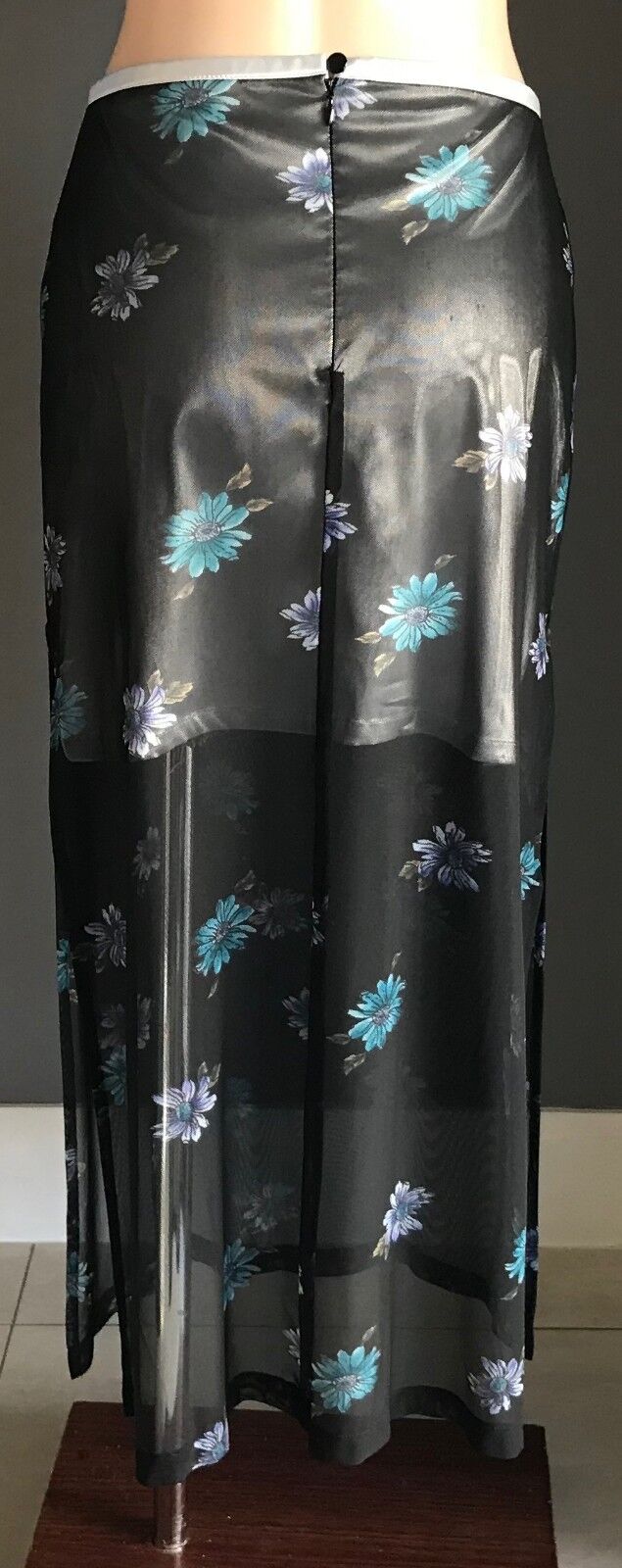 ANGEL Skirt Silver Mini & Black Floral Mesh Net Maxi Overlay Size L 12 Retro