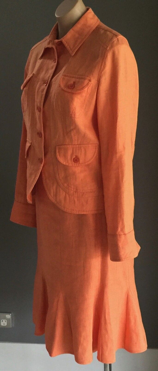 SCARVA WOMAN 2 Piece Suit JACKET Sz 12 SKIRT Size 10 Coral Orange Linen Vintage