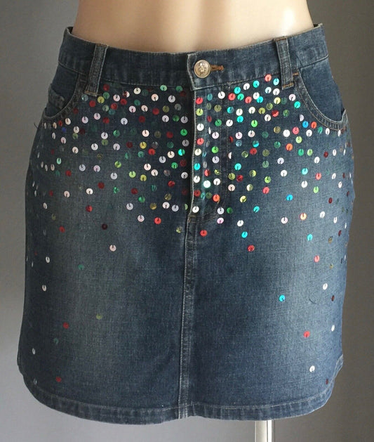 LIVING DOLL Skirt Denim Sequin Embellished Dressy Mini Size 12 Jeans NEW