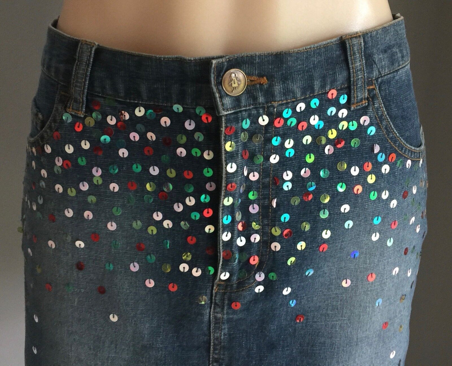 LIVING DOLL Skirt Denim Sequin Embellished Dressy Mini Size 12 Jeans NEW