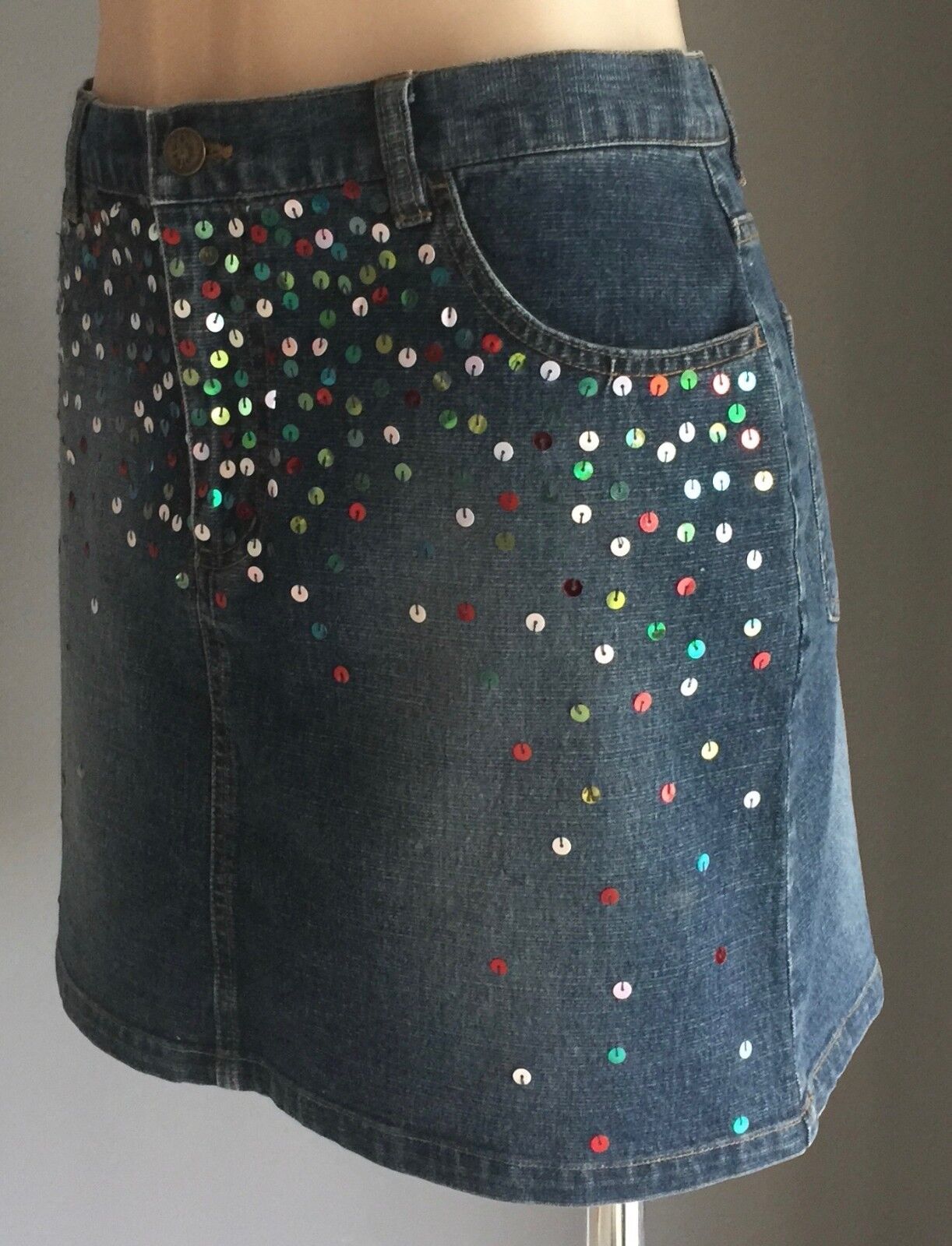 LIVING DOLL Skirt Denim Sequin Embellished Dressy Mini Size 12 Jeans NEW