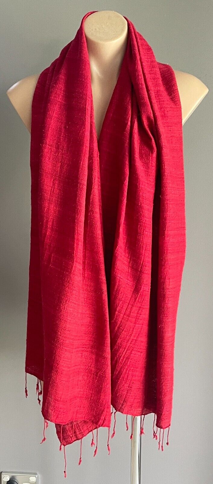 Boho Neck Scarf Fringed Wrap Red Textured Fabric Rectangle Shawl