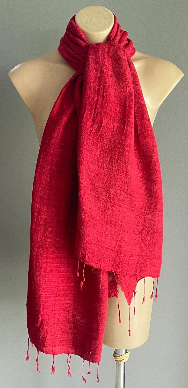 Boho Neck Scarf Fringed Wrap Red Textured Fabric Rectangle Shawl