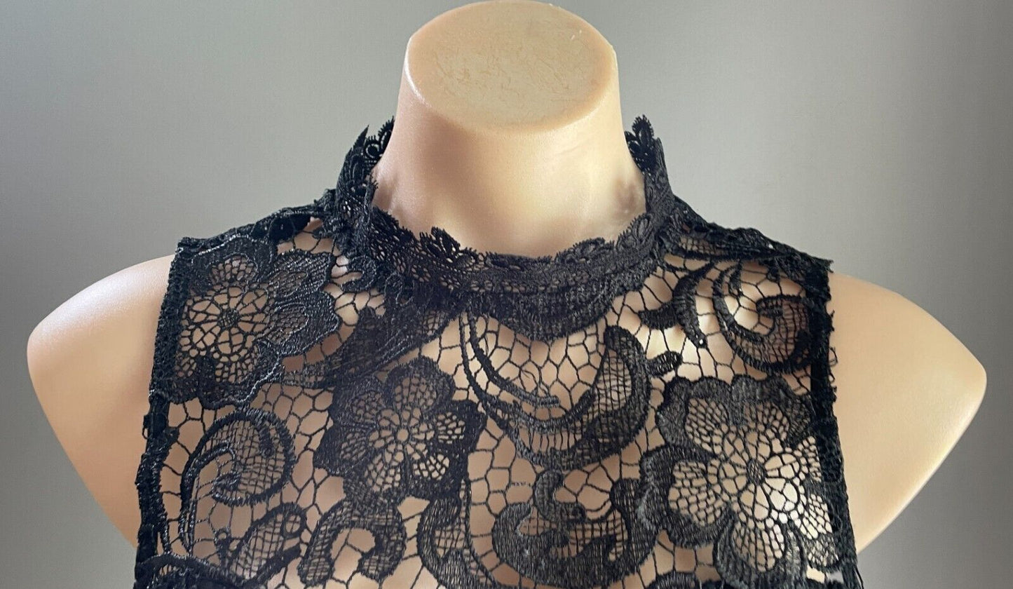 LUCY IN THE SKY Bodysuit Black Cut Out Lace Sleeveless Size L 10 High Neck NEW