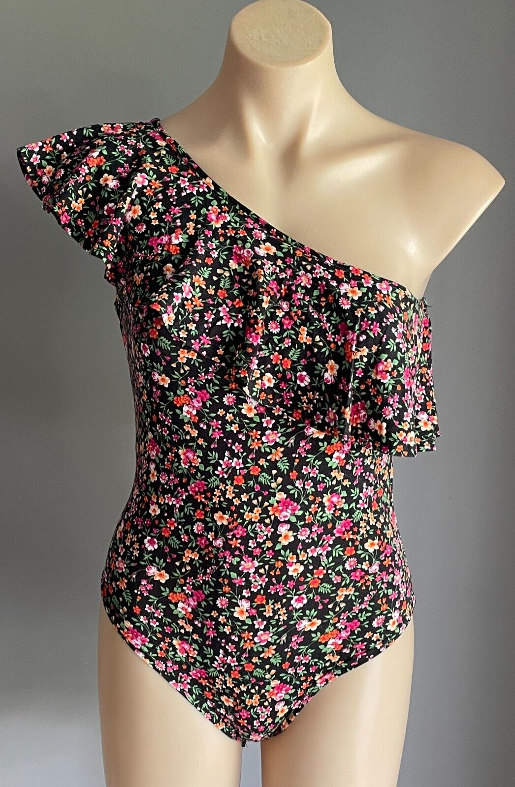 PRIMARK Bodysuit Black Floral One Piece Size 10 One Shoulder Ruffle Trim Stretch