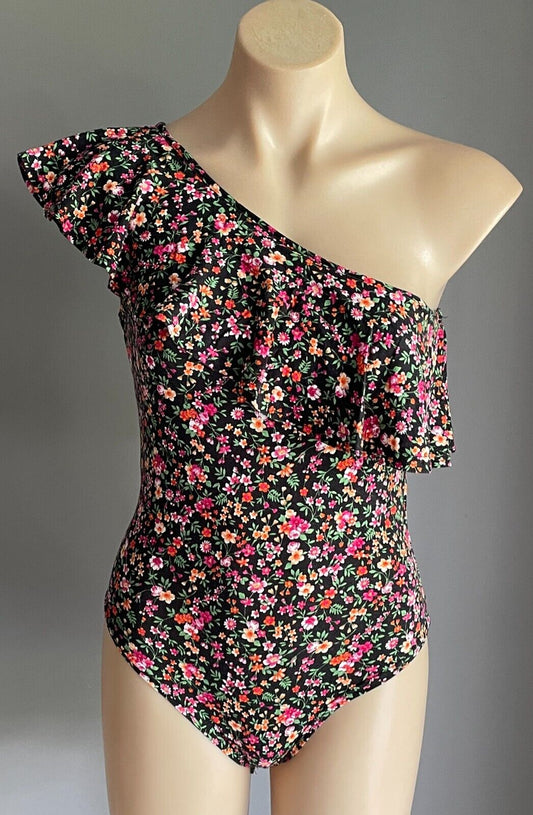 PRIMARK Bodysuit Black Floral One Piece Size 10 One Shoulder Ruffle Trim Stretch