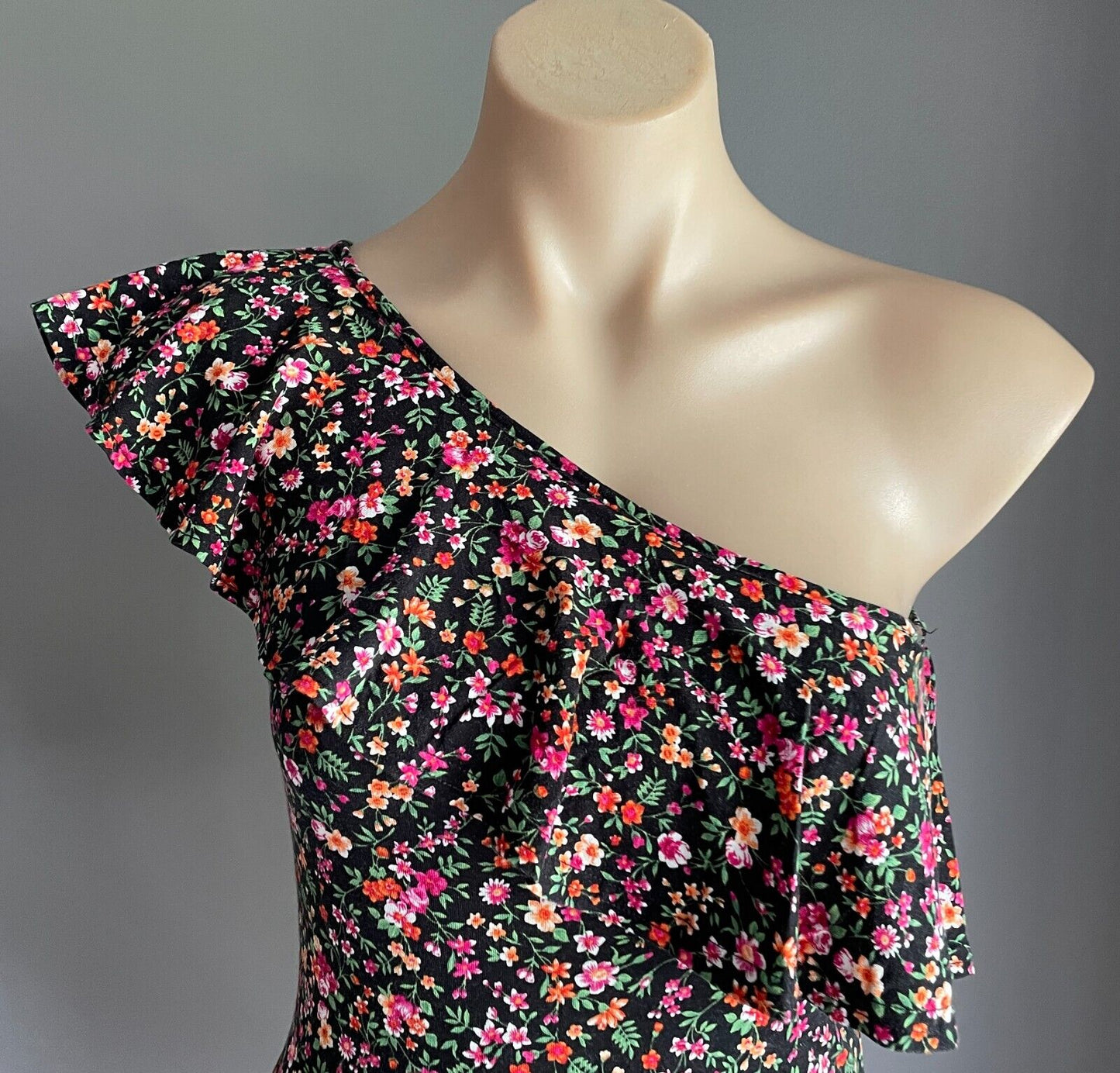 PRIMARK Bodysuit Black Floral One Piece Size 10 One Shoulder Ruffle Trim Stretch