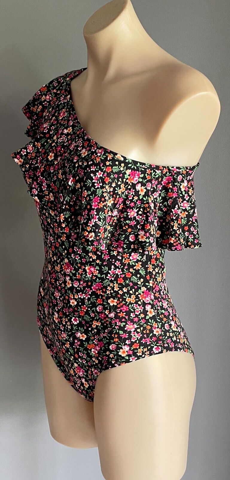 PRIMARK Bodysuit Black Floral One Piece Size 10 One Shoulder Ruffle Trim Stretch
