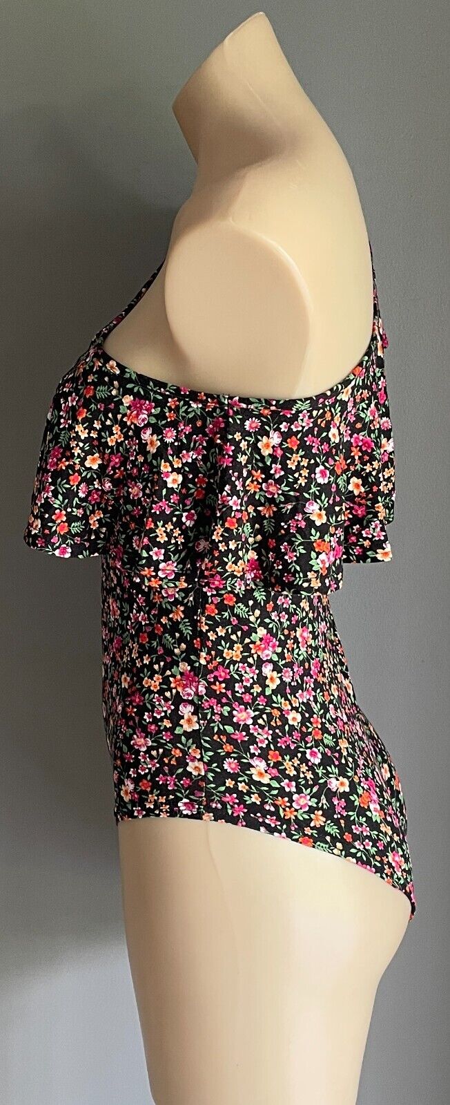 PRIMARK Bodysuit Black Floral One Piece Size 10 One Shoulder Ruffle Trim Stretch