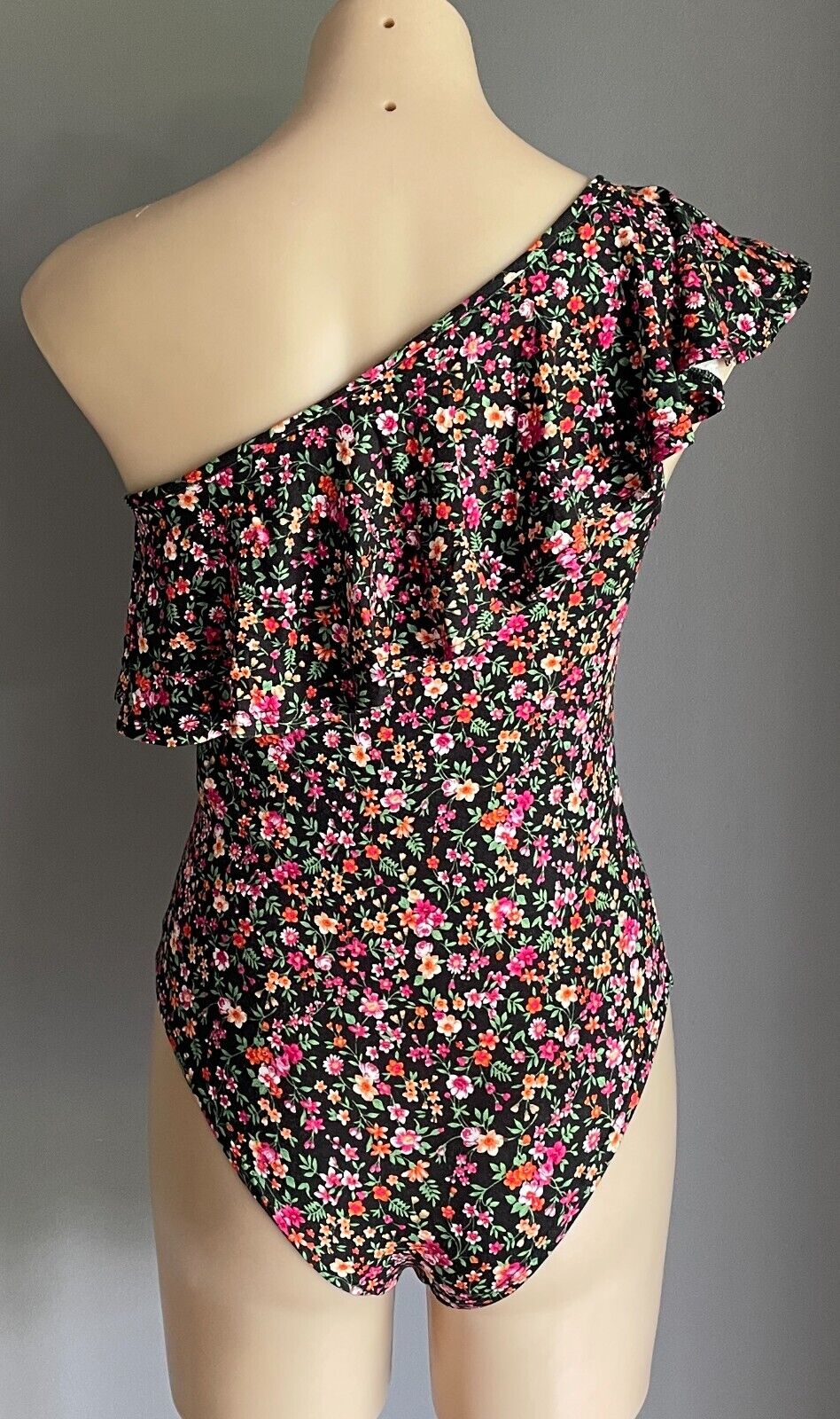 PRIMARK Bodysuit Black Floral One Piece Size 10 One Shoulder Ruffle Trim Stretch