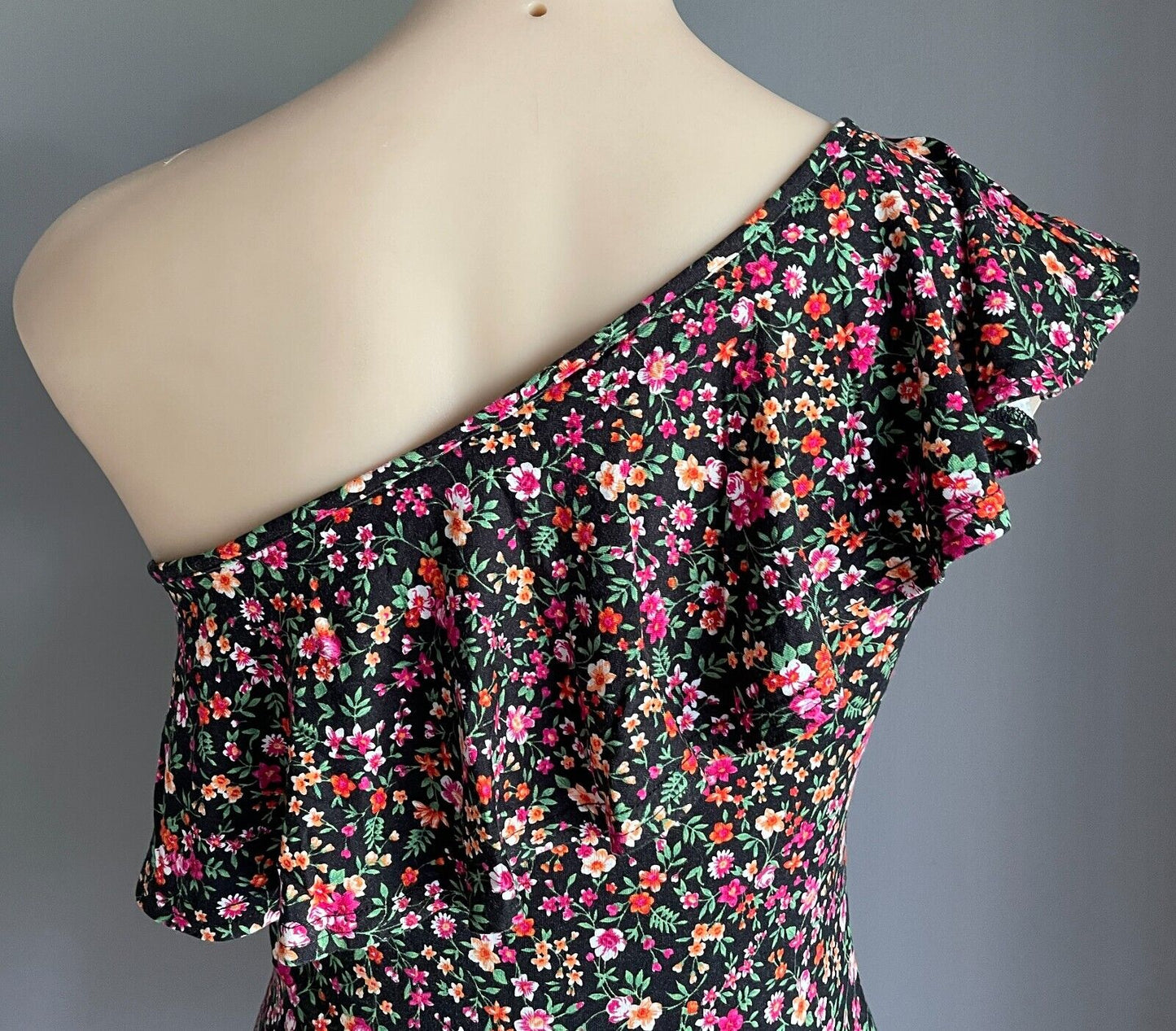 PRIMARK Bodysuit Black Floral One Piece Size 10 One Shoulder Ruffle Trim Stretch