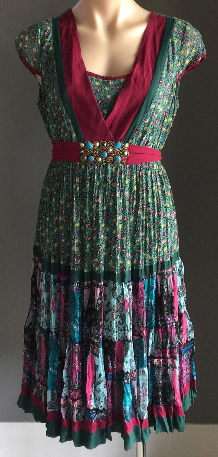 ROSE GARDEN Tea Dress MultiColoured Floral Print Cap Sleeve Tie Back Size 12 NEW