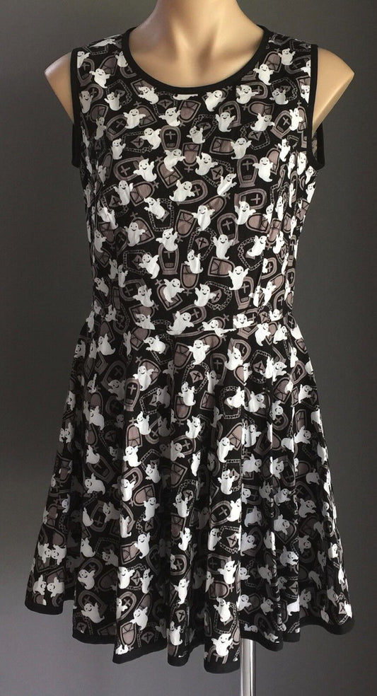 HALLOWEEN Skater Dress Ghouls & Tombstone Print Black Brown & White Size 12