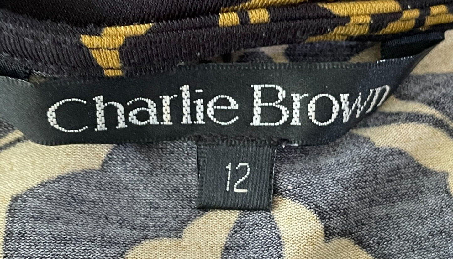 CHARLIE BROWN Blouson Dress Mustard & Black Geo Print 3/4 Dolman Sleeve Size 12