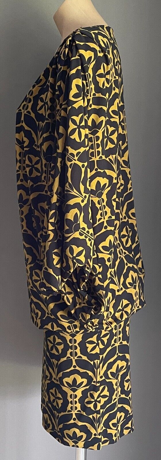 CHARLIE BROWN Blouson Dress Mustard & Black Geo Print 3/4 Dolman Sleeve Size 12