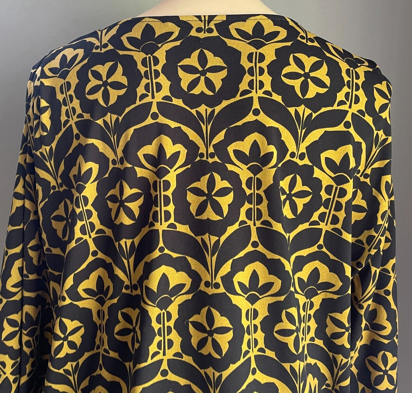 CHARLIE BROWN Blouson Dress Mustard & Black Geo Print 3/4 Dolman Sleeve Size 12