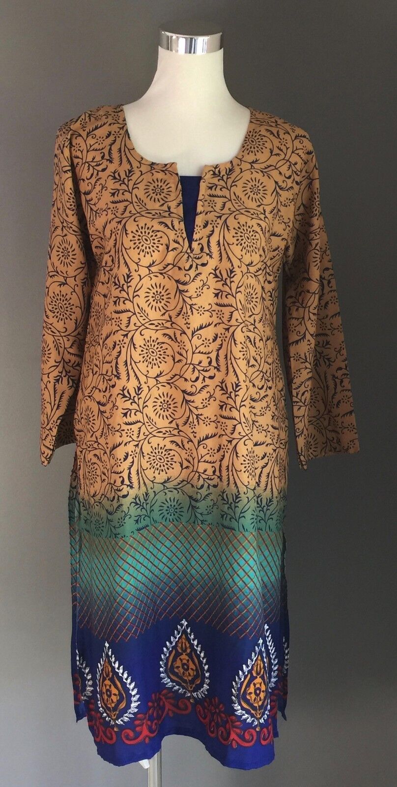 Bohemian Dress Brown Green Tunic Kaftan 3/4 Sleeve Size 12 (40) NEW