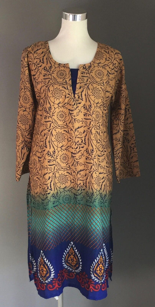 Bohemian Dress Brown Green Tunic Kaftan 3/4 Sleeve Size 12 (40) NEW