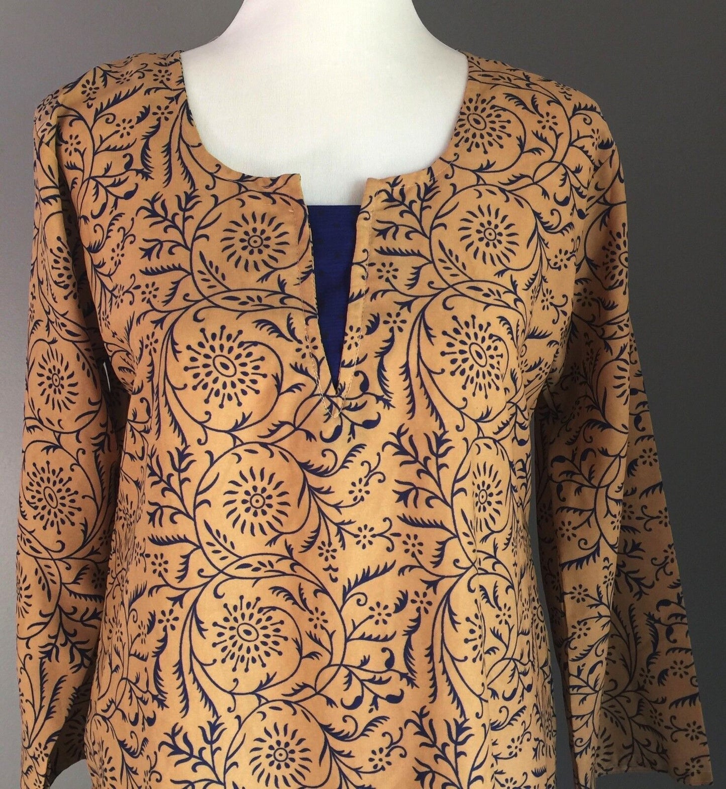 Bohemian Dress Brown Green Tunic Kaftan 3/4 Sleeve Size 12 (40) NEW
